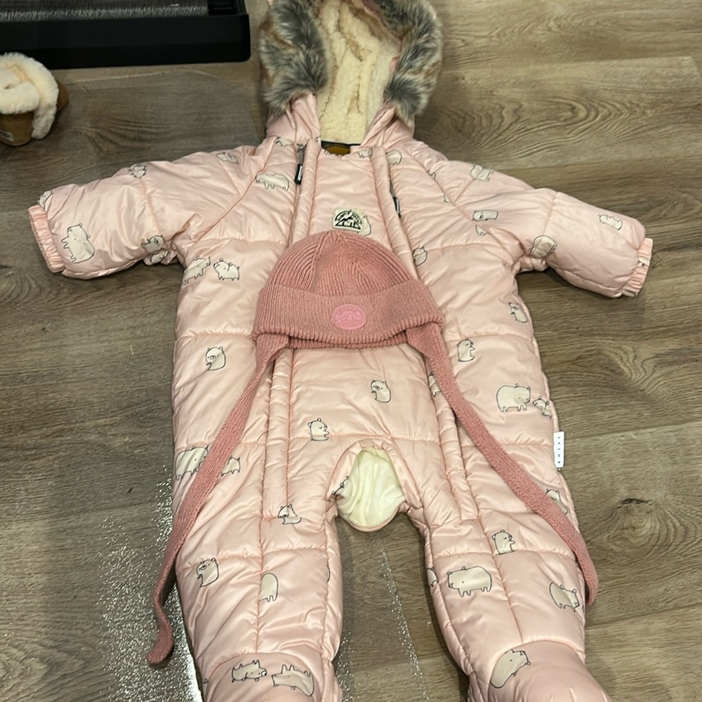 Souris Mini one piece snowsuit and hat for baby girls, 12 months